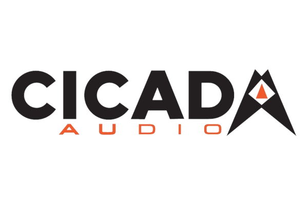 Cicada Audio Logo with Black & Orange lettering and White background.